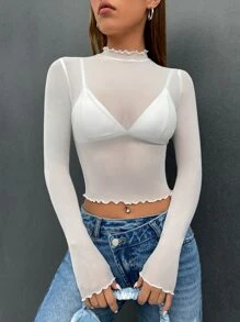 SHEIN EZwear Summer Outfits Contrast Binding Mesh Crop Top Without Bra - White - View 4