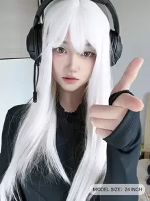 alicegarden 1 件合成耐热直发假发白色带刘海26 英寸长全机器编织日常自然逼真假发（不包括配件） - 白色 - 查看 2