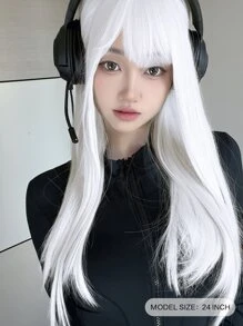 alicegarden 1 件合成耐热直发假发白色带刘海26 英寸长全机器编织日常自然逼真假发（不包括配件） - 白色 - 查看 3