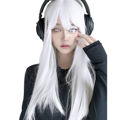 alicegarden 1pc 26-Inch White Synthetic Heat-Resistant Straight Wig With Bangs, Full Lace, Natural And Realistic For Daily Wear (Accessories Not Included)