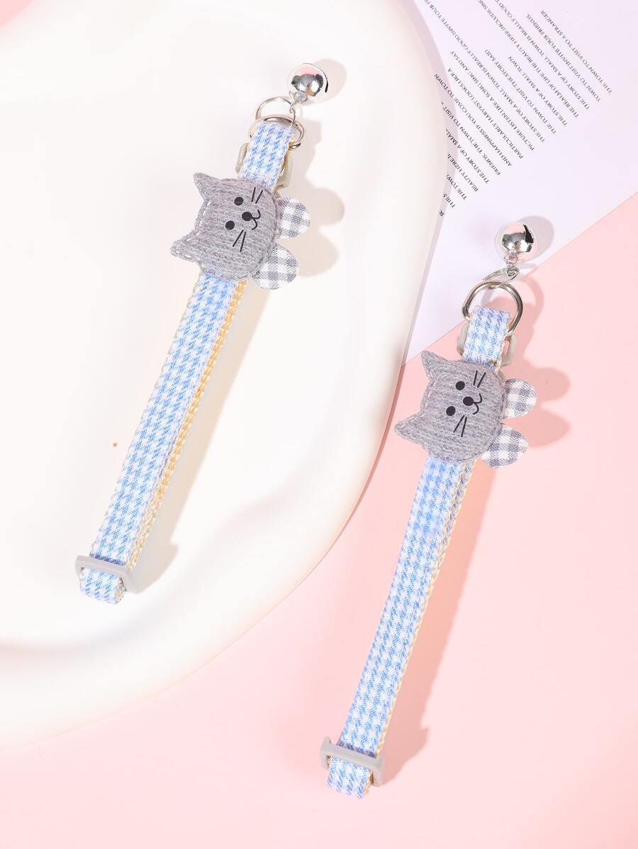 1pc Houndstooth Pattern Cartoon Cat Decor Pet Collar - Blue - View 1