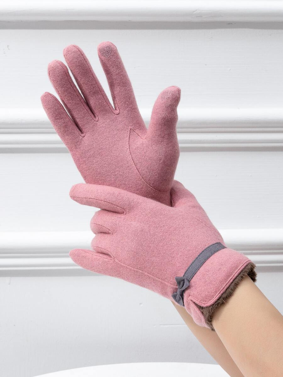 Wool-Mix Bow Decor Thermal Lined Gloves - Pink - View 1