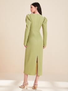 Modelyn Vestido de manga gigot de cintura con fruncido con abertura trasera - Verde Lima - Ver 2