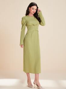 Modelyn Vestido de manga gigot de cintura con fruncido con abertura trasera - Verde Lima - Ver 3