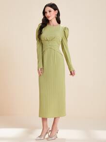 Modelyn Vestido de manga gigot de cintura con fruncido con abertura trasera - Verde Lima - Ver 4