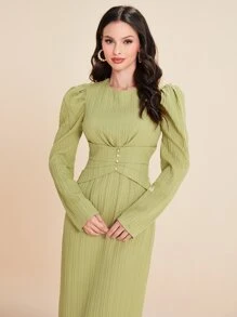 Modelyn Vestido de manga gigot de cintura con fruncido con abertura trasera - Verde Lima - Ver 5