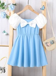 Đầm bé gái Nơ trước Khối Màu Dễ thương - Xanh và trắng - Xem 1