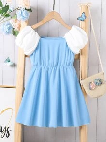 Đầm bé gái Nơ trước Khối Màu Dễ thương - Xanh và trắng - Xem 2