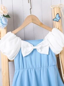 Đầm bé gái Nơ trước Khối Màu Dễ thương - Xanh và trắng - Xem 3