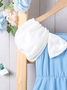 Đầm bé gái Nơ trước Khối Màu Dễ thương - Xanh và trắng - Xem 5