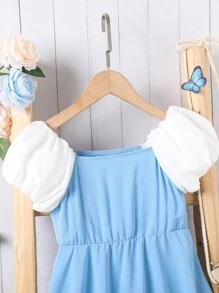 Đầm bé gái Nơ trước Khối Màu Dễ thương - Xanh và trắng - Xem 6