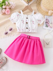 Toddler Girls Floral Print Cold Shoulder Top & Belted Skirt - Multicolor - View 1
