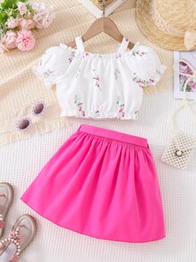 Toddler Girls Floral Print Cold Shoulder Top & Belted Skirt - Multicolor - View 2