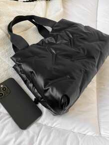 衍縫細節托特包時尚雙把手包女士時髦手提包辦公和學校 - 黑色 - 查看 3