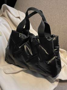 衍縫細節托特包時尚雙把手包女士時髦手提包辦公和學校 - 黑色 - 查看 5