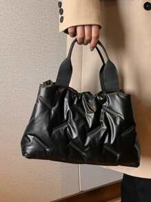 衍縫細節托特包時尚雙把手包女士時髦手提包辦公和學校 - 黑色 - 查看 6