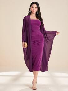 Modelyn 褶邊抹胸緊身連衣裙和開門襟外套 - 紫色 - 查看 1