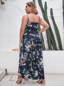 SHEIN Holidaya Plus Floral Print Split Thigh Cami Jumpsuit - Navy Blue - View 2