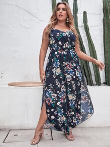 SHEIN Holidaya Plus Floral Print Split Thigh Cami Jumpsuit - Navy Blue - View 4