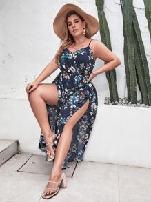 SHEIN Holidaya Plus Floral Print Split Thigh Cami Jumpsuit - Navy Blue - View 6