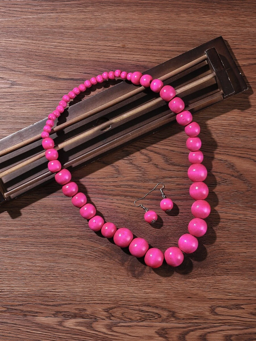 3 piezas Set joya con cuenta - Rosa Fucsia - Ver 1