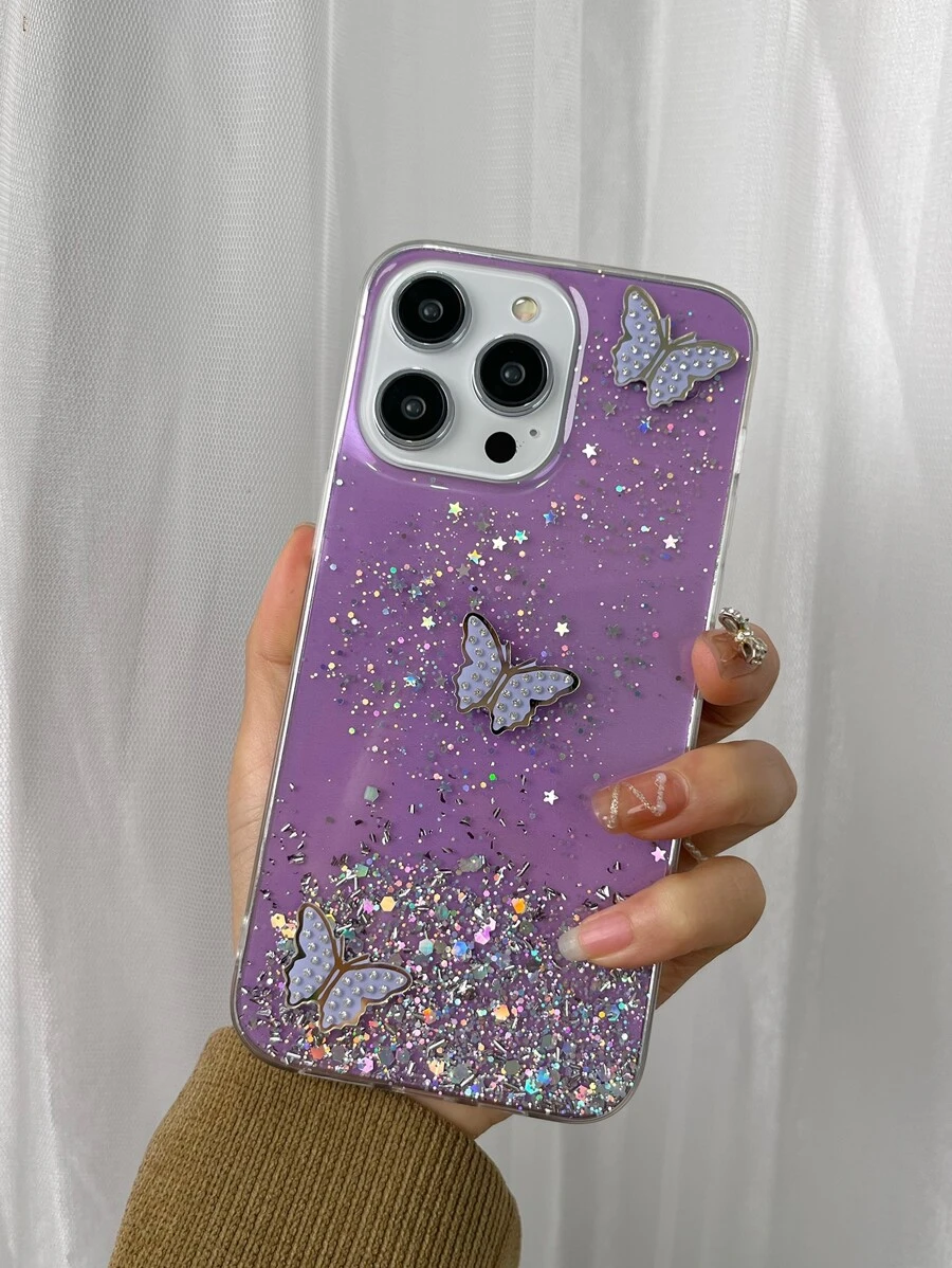 Glitter Faux Pearly-Lustre Butterfly Pattern Phone Case Compatible With IPhone 11,Compatible With IPhone 13,Compatible With IPhone 14 Pro Max,International Version, Not The Domestic Version - Purple - View 1