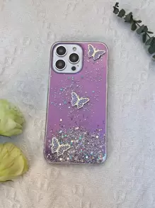 Glitter Faux Pearly-Lustre Butterfly Pattern Phone Case Compatible With IPhone 11,Compatible With IPhone 13,Compatible With IPhone 14 Pro Max,International Version, Not The Domestic Version - Purple - View 2