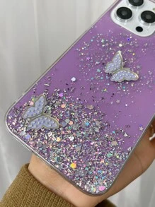Glitter Faux Pearly-Lustre Butterfly Pattern Phone Case Compatible With IPhone 11,Compatible With IPhone 13,Compatible With IPhone 14 Pro Max,International Version, Not The Domestic Version - Purple - View 4