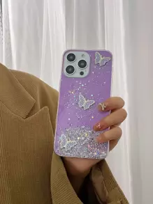 Glitter Faux Pearly-Lustre Butterfly Pattern Phone Case Compatible With IPhone 11,Compatible With IPhone 13,Compatible With IPhone 14 Pro Max,International Version, Not The Domestic Version - Purple - View 5
