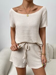 Chiquease unicolor tejido waffle Camiseta & de cintura con cordón Shorts