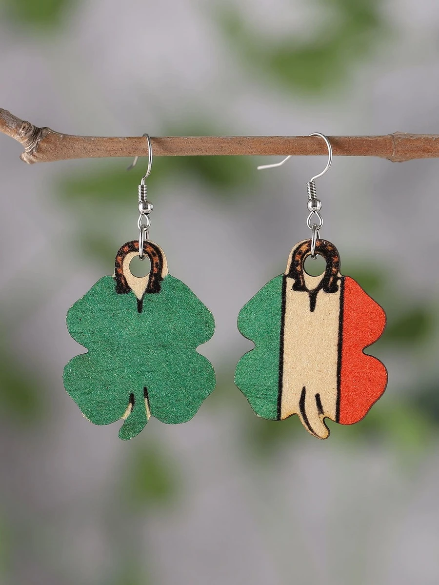 Wooden Clover Drop Earrings - Green - View 1