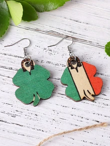 Wooden Clover Drop Earrings - Green - View 2
