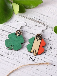 Wooden Clover Drop Earrings - Green - View 4