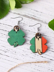 Wooden Clover Drop Earrings - Green - View 3