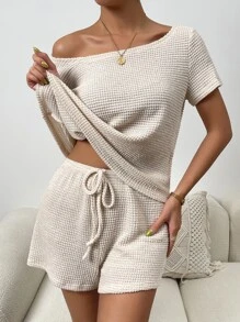 Chiquease unicolor tejido waffle Camiseta & de cintura con cordón Shorts