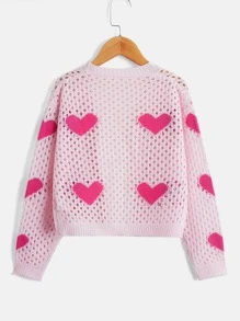 Chicas Cárdigan de plumero con patrón de corazón tejido abierto - Rosa Pálido - Ver 2