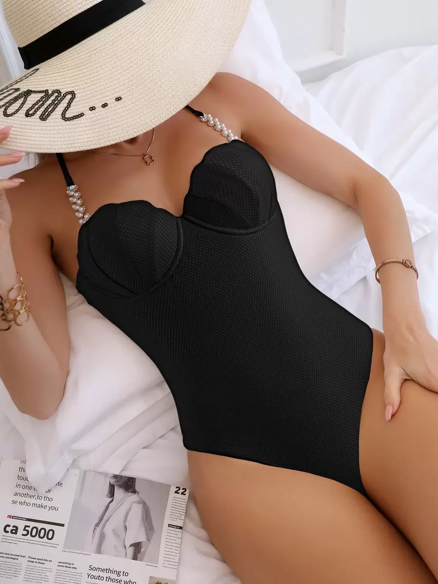 SHEIN Swim 珍珠裝飾露背繫帶貝殼邊連體泳衣