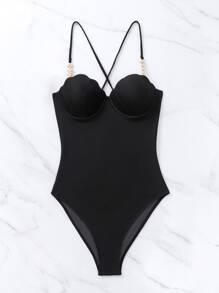 SHEIN Swim 珍珠裝飾露背繫帶貝殼邊連體泳衣