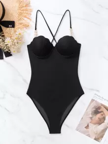 SHEIN Swim 珍珠裝飾露背繫帶貝殼邊連體泳衣