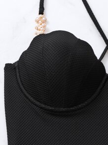 SHEIN Swim 珍珠裝飾露背繫帶貝殼邊連體泳衣