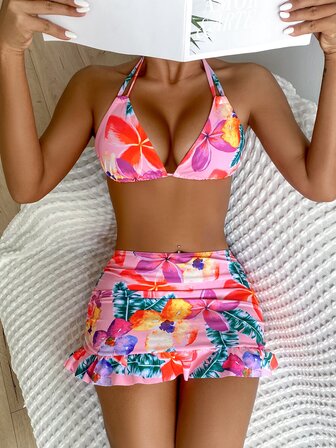 Floral Halter Triangle Summer Beach Bikini Set With Beach Skirt