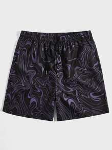 ROMWE MEN Street Life Men Marble Print Drawstring Waist Shorts, School - Black - View 1
