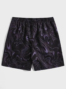 ROMWE MEN Street Life Men Marble Print Drawstring Waist Shorts, School - Black - View 2