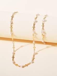Faux Pearl & Cross Decor Necklace & Bracelet - Yellow Gold - View 1
