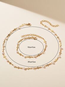 Faux Pearl & Cross Decor Necklace & Bracelet - Yellow Gold - View 3