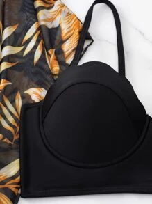 Swim Lushoire Conjunto de bikini con estampado de plantas, sujetador tipo cami con realce festoneado y parte inferior de talle alto y traje de baño de 3 piezas para cubrir