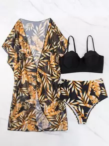 Swim Lushoire Conjunto de bikini con estampado de plantas, sujetador tipo cami con realce festoneado y parte inferior de talle alto y traje de baño de 3 piezas para cubrir