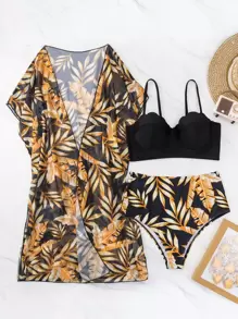 Swim Lushoire Conjunto de bikini con estampado de plantas, sujetador tipo cami con realce festoneado y parte inferior de talle alto y traje de baño de 3 piezas para cubrir