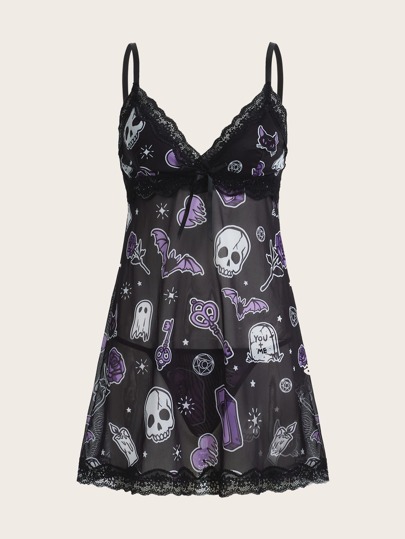 Skull Print Contrast Lace Babydoll & Thong