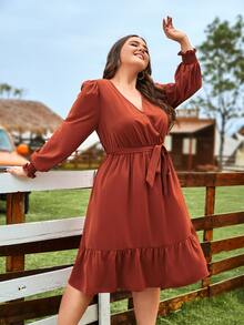 SHEIN Clasi Vestido con cinturón de cuello cruzado bajo con fruncido - Naranja Quemada - Ver 2